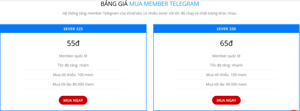 bảng giá mua member telegram của Vinafabo