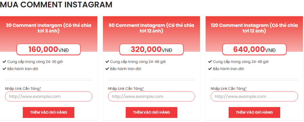 Bảng giá tăng Comment Instagram của Mua Likes