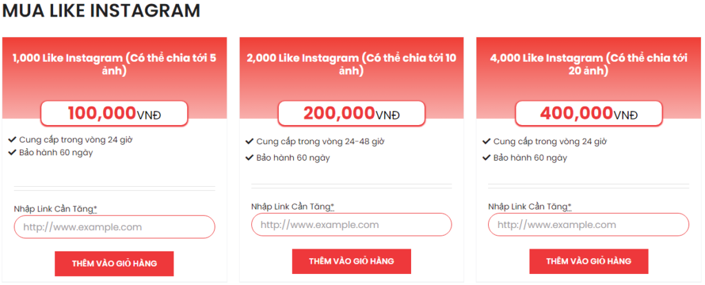 Bảng giá tăng Tim Instagram của Mua Likes