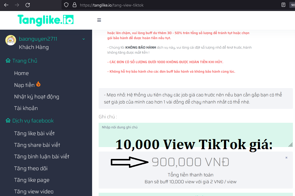 bảng giá tăng view Tiktok của Tanglike io