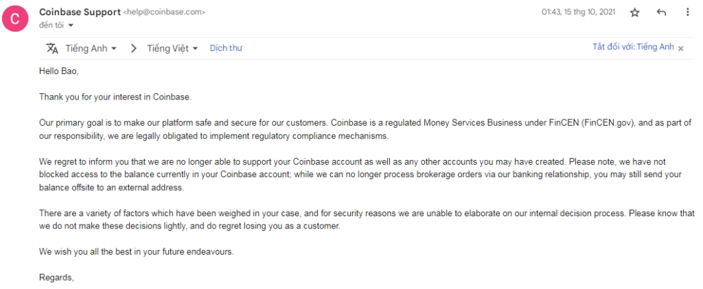 Đây là 1 phản hồi từ Coinbase cho vấn đề của mình